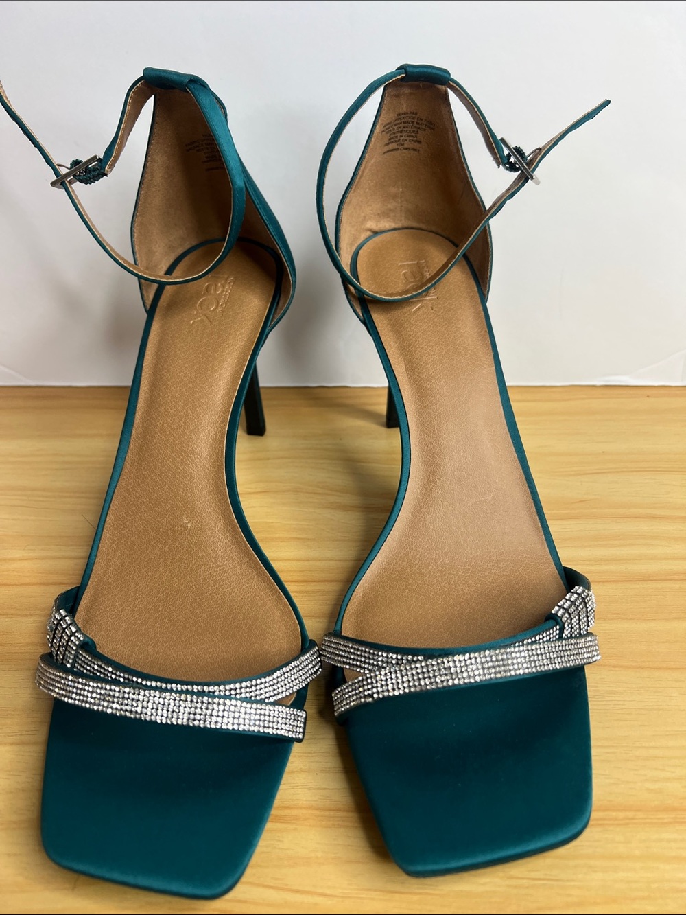 Teal Satin Ankle-Strap Heels with Crystal-Strap Detail